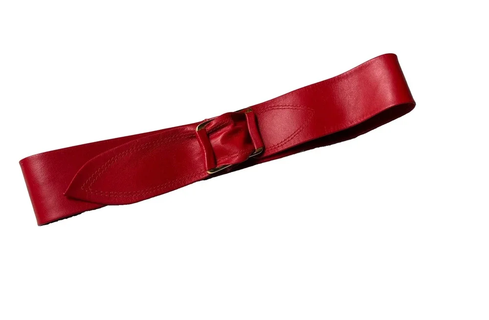 Vintage Womens Red Genuine Leather Belt Size Small Adjustable Sash Gold Buckle